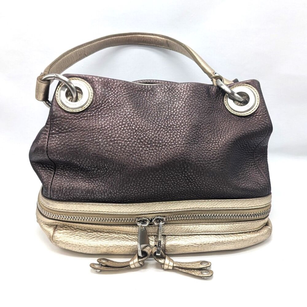 B. Makowsky Brown & Gold Color Block Leather Purse Handbag Bottom Zip Top Magnet